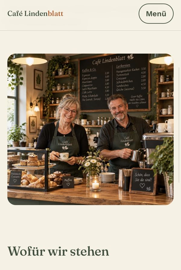 Café-Entwurf auf dem Smartphone mit Menü-Knopf und Foto