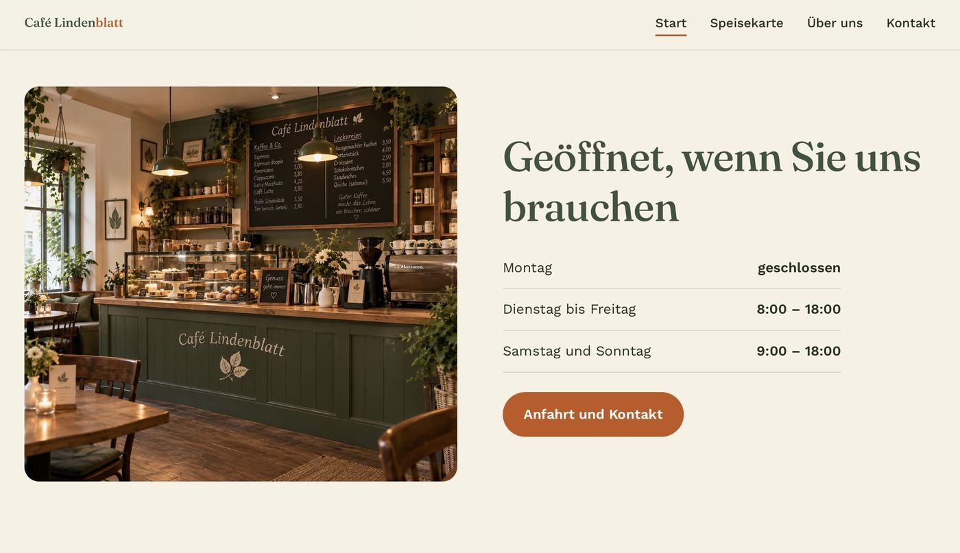 Demo-Entwurf der Startseite eines Cafés mit Foto, Öffnungszeiten und Button