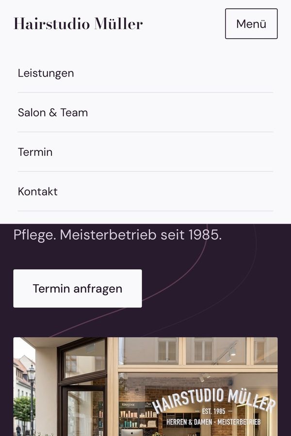 Friseur-Entwurf auf dem Smartphone mit geöffnetem Menü