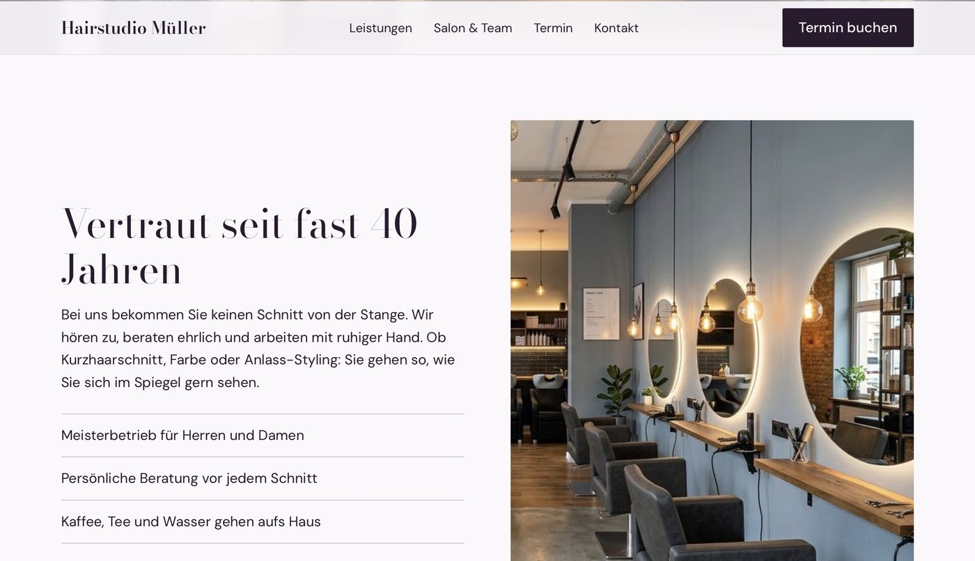 Demo-Entwurf der Startseite eines Friseursalons mit Text, Vorteilen und Foto