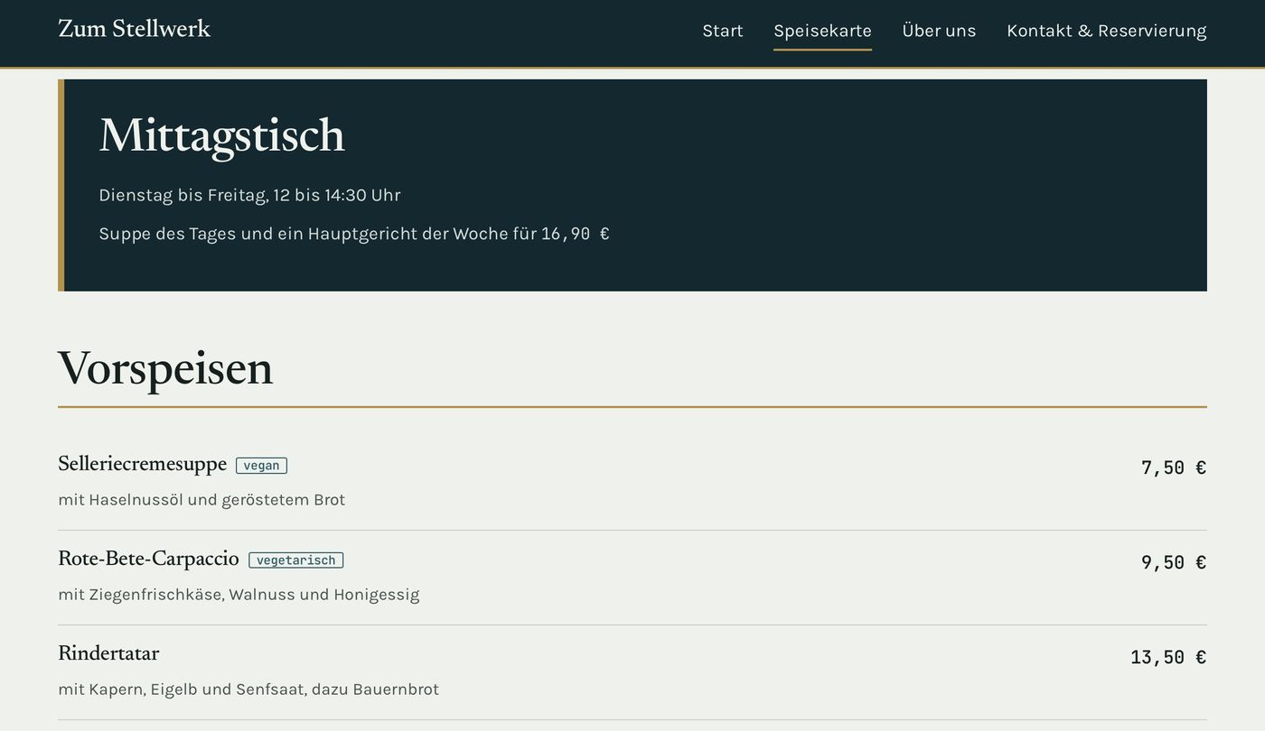 Demo-Entwurf der Speisekarte eines Restaurants mit Mittagstisch und Vorspeisen