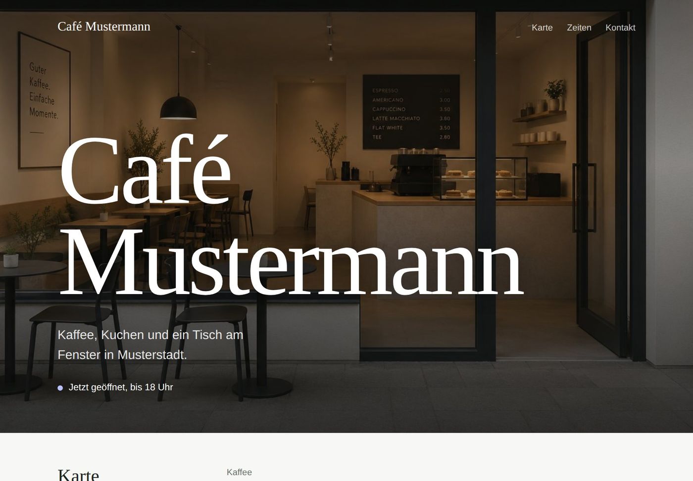 Nachher: ruhige Café-Website mit großem Foto, klarer Schrift und übersichtlichem Aufbau