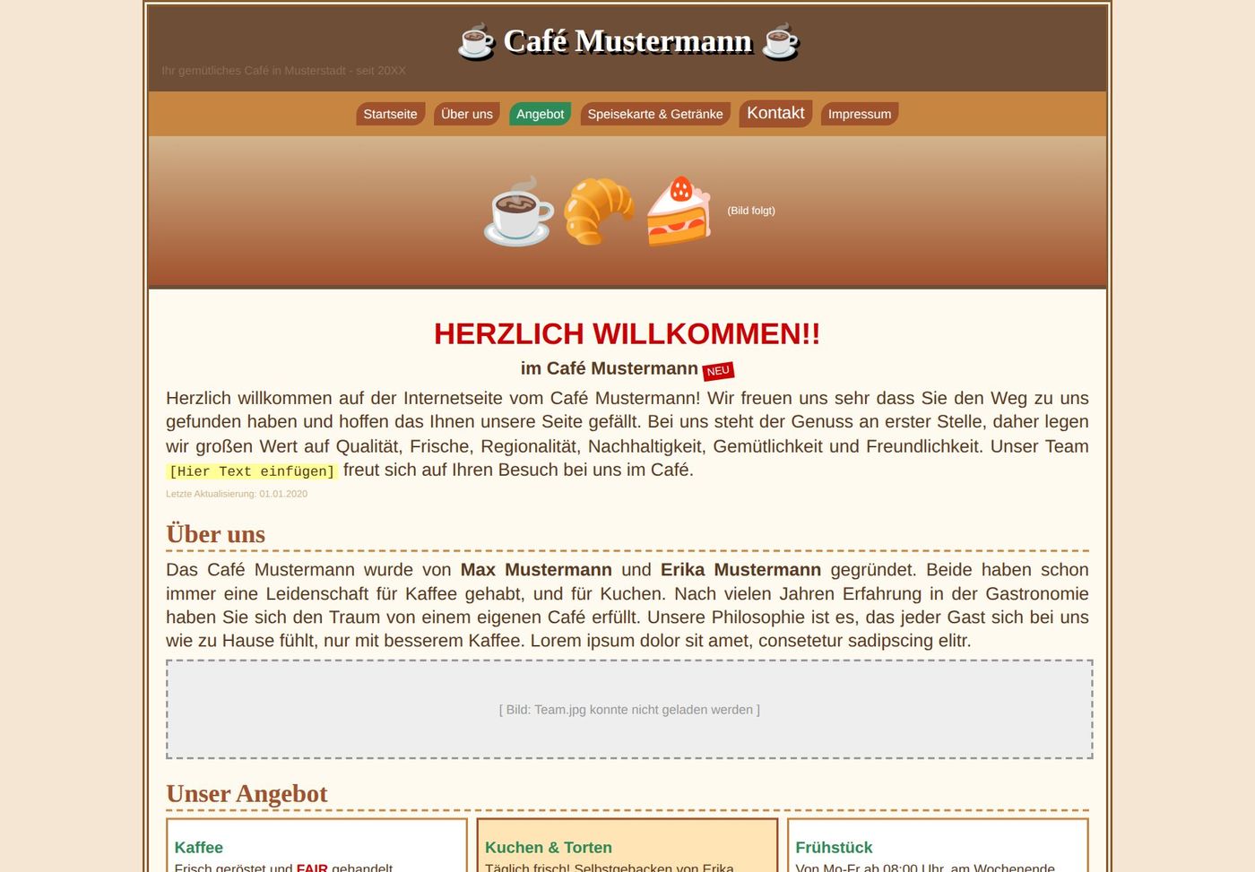 Vorher: unruhig gestaltete Café-Website mit vielen Farben, Platzhaltern und Fülltext